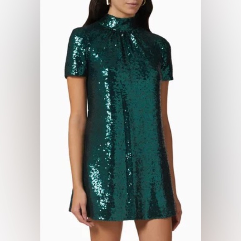 NWT STAUD llana Mini Dress in Sequinned Crepe Emerald Sz L.